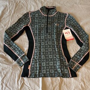 Kari Traa Merino Wool blue/green Patterned Sweater with Pink Trim